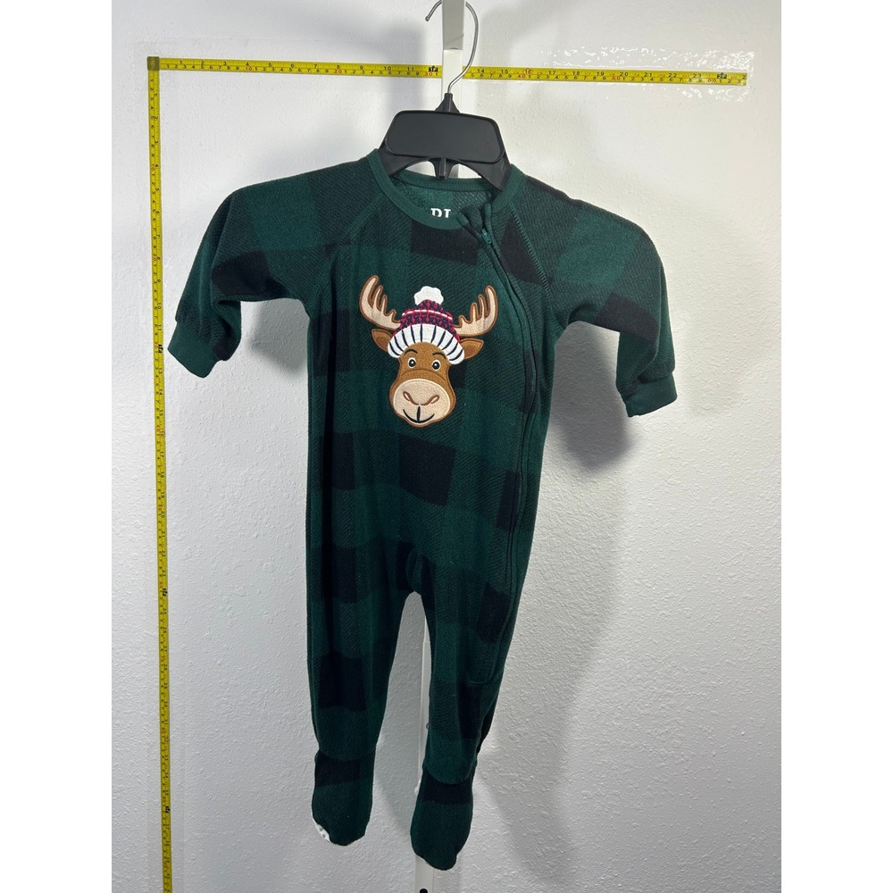 PJ Place Baby Boys Green Buffalo Plaid Moose Fleece Footed Sleeper Pajamas 9-12M